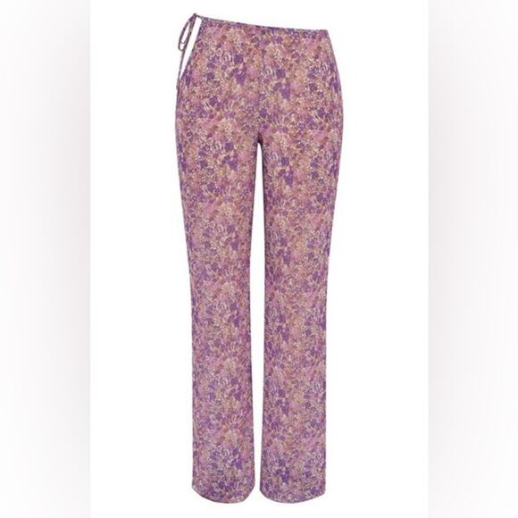 HOUSE OF CB Keala Purple Floral Sheer Side Peek-a-boo Cut Out Tie Cover Up Pants - Picture 14 of 14
